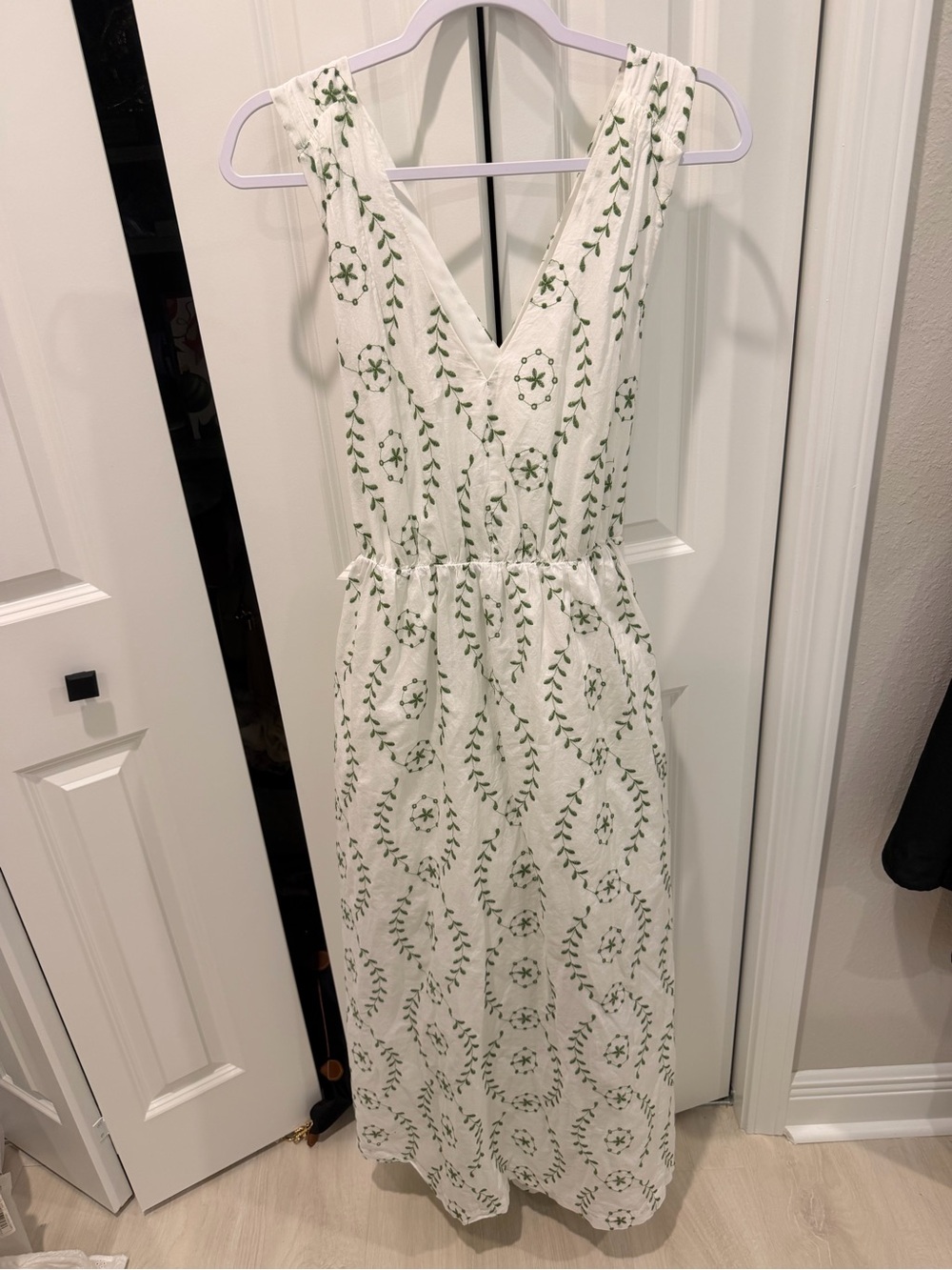 White and Green Embroidered V-Neck Maxi Dress
